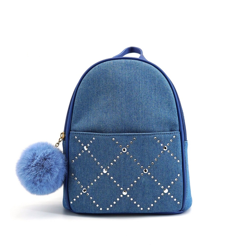 NWT Like Dreams Blue Denim Backpack with Pom Pom